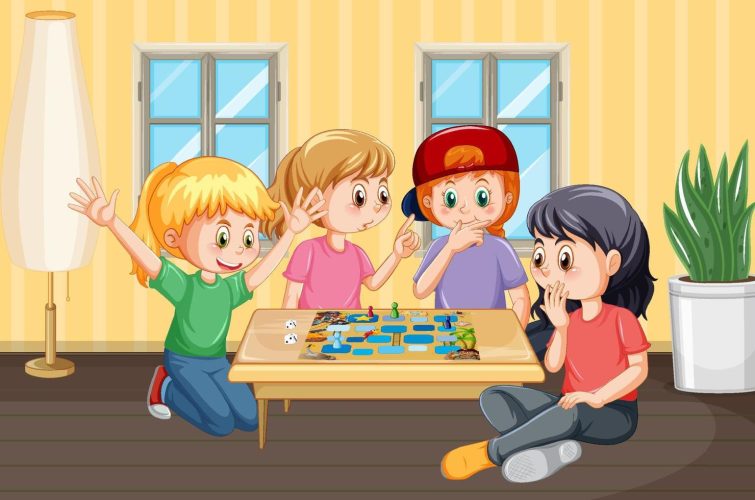 children-playing-boardgame-in-the-house-free-vector - Paula Barrales Moya